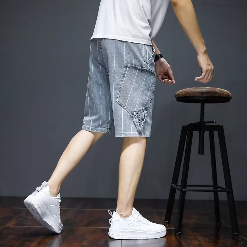 夏天薄款牛仔短裤男装韩版外穿宽松直筒五分裤潮流条纹5分马裤子