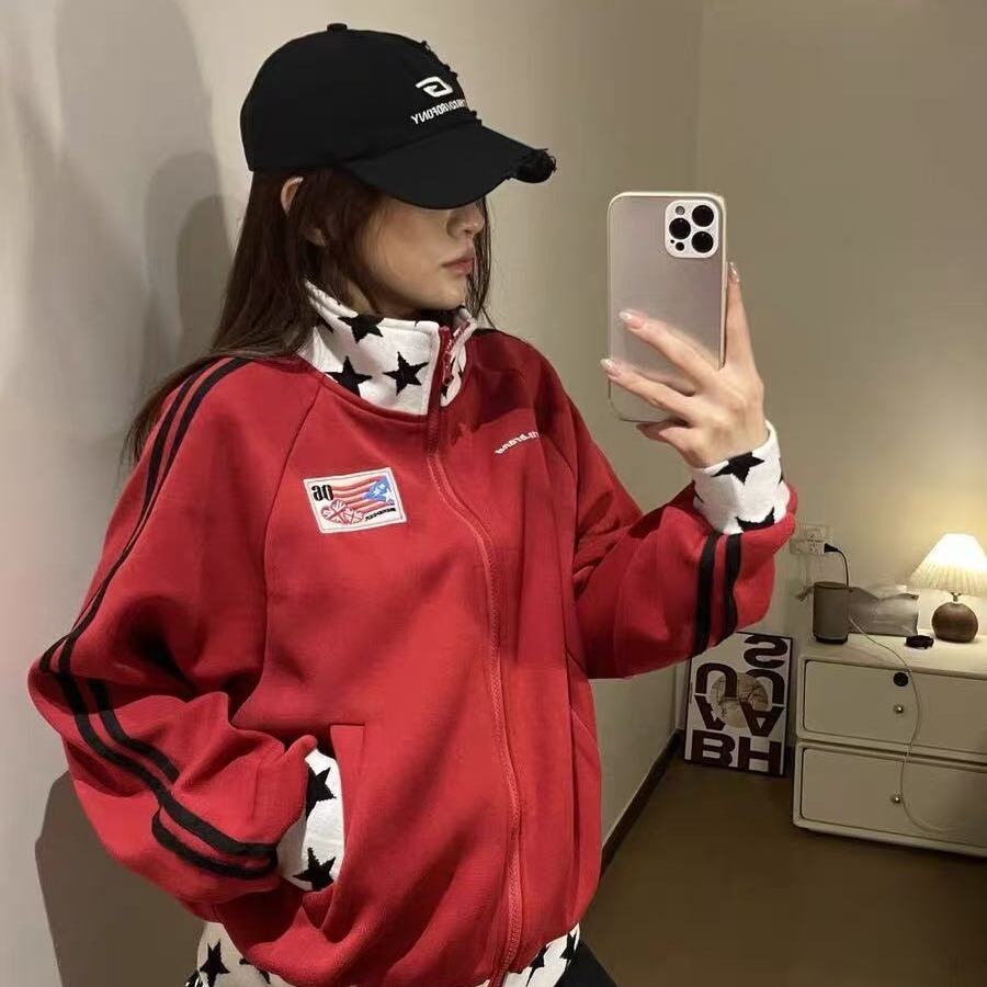 撞色拼接星星立领美式开衫红色卫衣外套女秋季休闲运动短款上衣