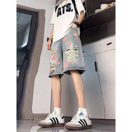 玫瑰花破洞牛仔短裤男夏季薄款设计感小众裤子美式高街直筒五分裤