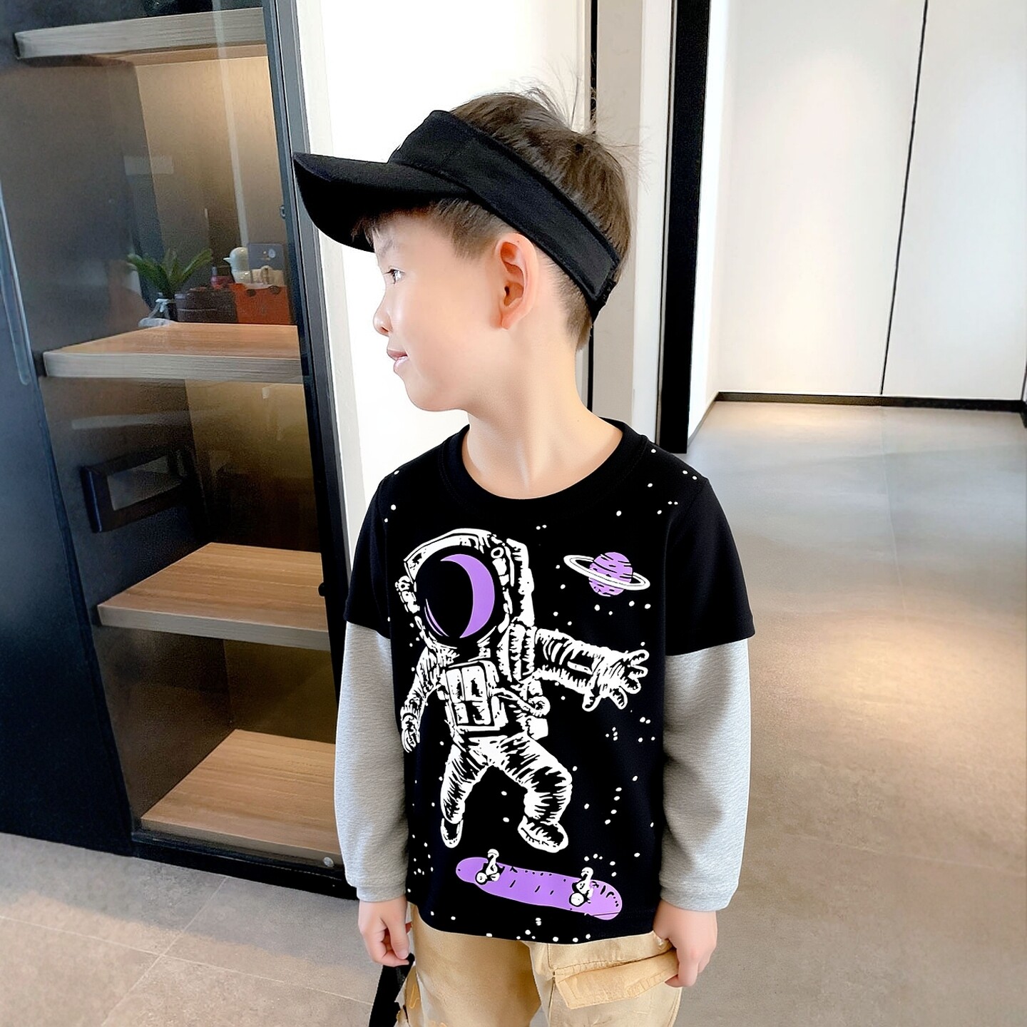 品牌童装春季新款男童纯棉长袖t恤儿童服装宝宝上衣宇航员印花ins