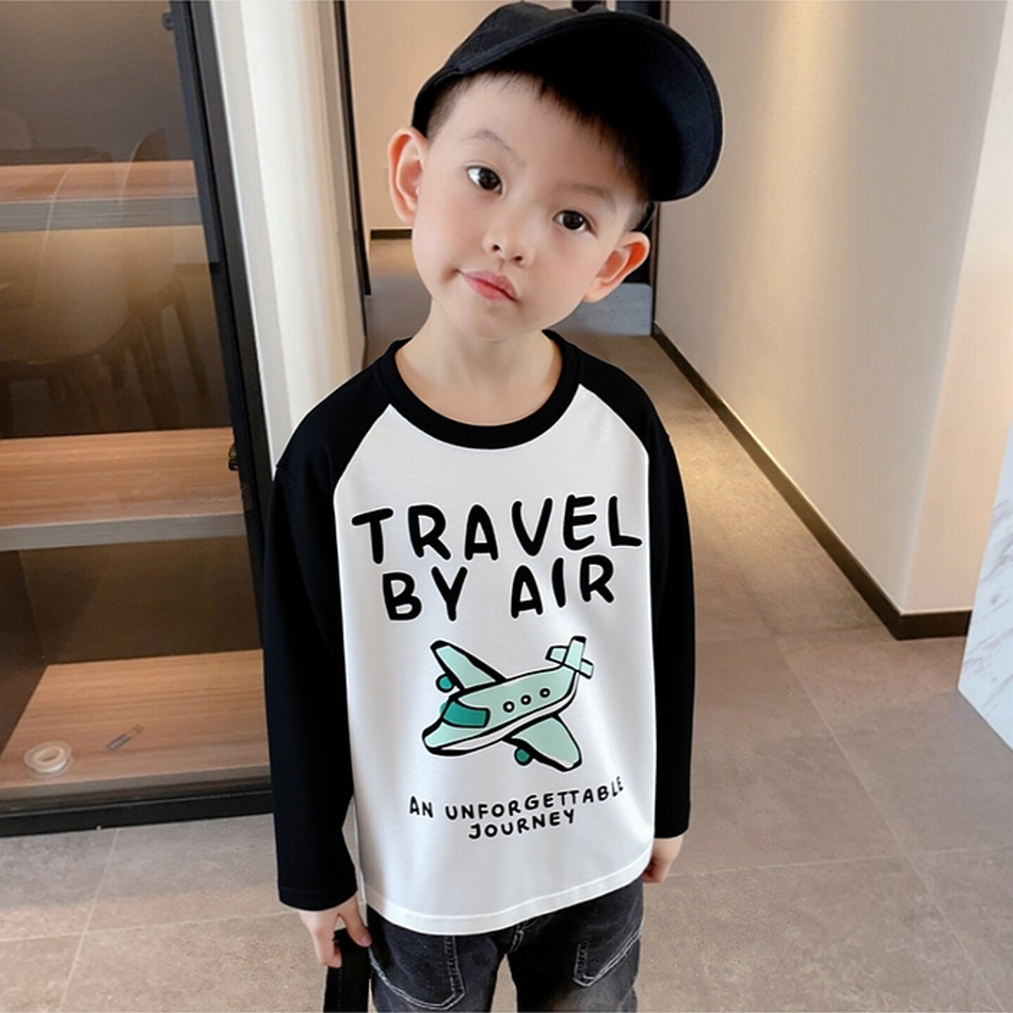 卡通飞机韩版童装春季新款 儿童长袖纯棉T恤拼袖打底衫宝宝衣服男
