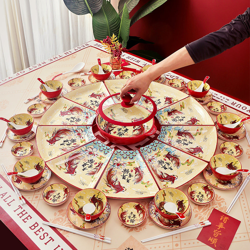 网红年夜饭家庭拼盘餐具组合过年盘子菜盘家用2023新款碗碟套装