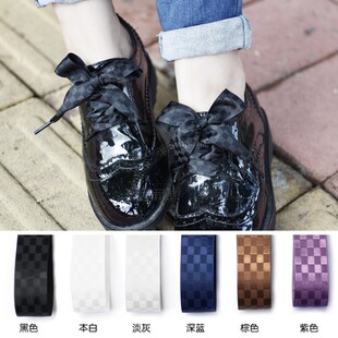 经典格子纹绸缎带扁宽皮鞋2.6CM宽绸带黑白灰棕啡深蓝紫色鞋带