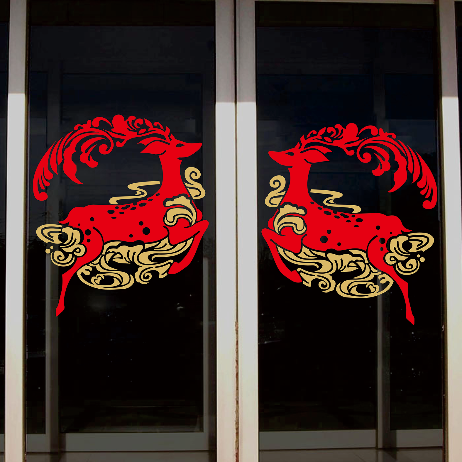 贴纸中式驯鹿轻奢福禄剪纸窗花金色玄关装饰贴画玻璃PVC自粘背景图片