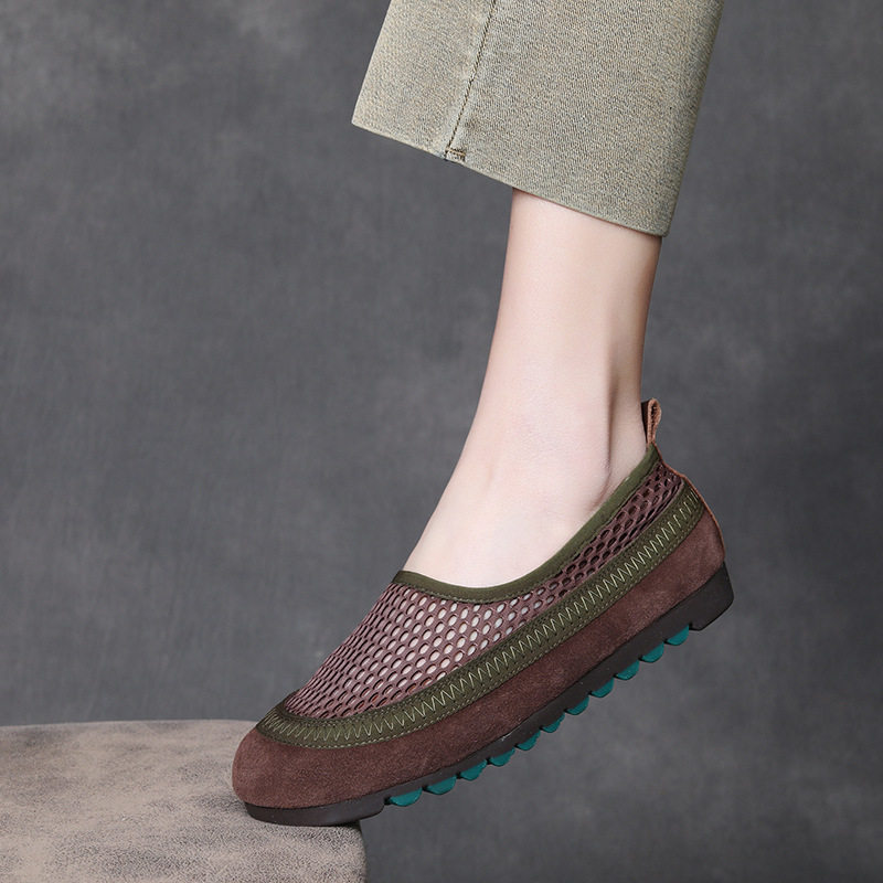 头层牛皮复古透气网面豆豆鞋女春夏新款一脚蹬舒适平底休闲单鞋