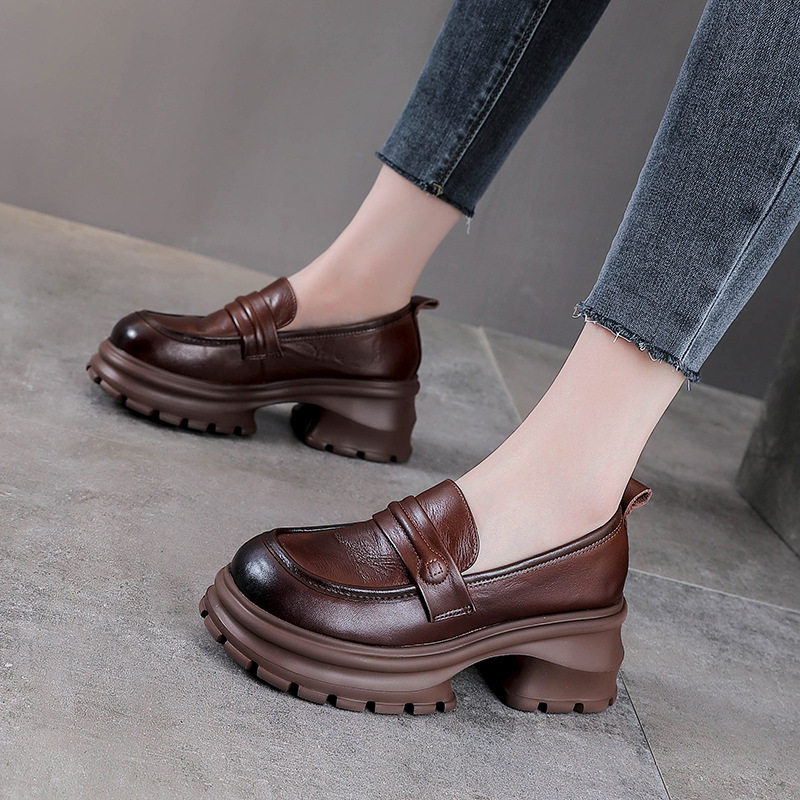 头层牛皮乐福鞋2025春秋新款真皮休闲女鞋松糕厚底单鞋百搭小