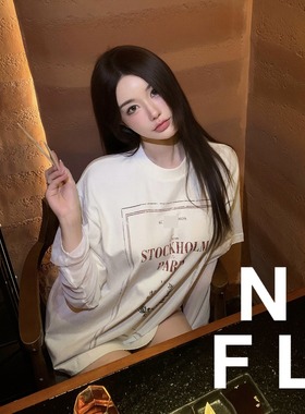 【NEW FOOLLAND】AcN12025秋复古印花宽松假两件网纱长袖T恤