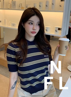 【NEW FOOLLAND】MM家名媛老钱学院网球风修身条纹针织短袖Polo衫