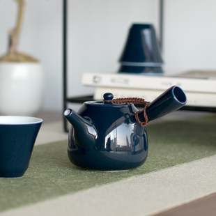 南山先生 小号长柄陶瓷泡茶壶日式 办公室功夫茶具 霁蓝侧把壶个性