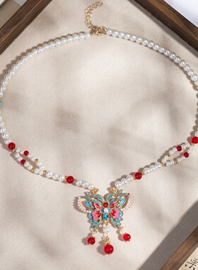 女童新中式蝴蝶珍珠流苏项链