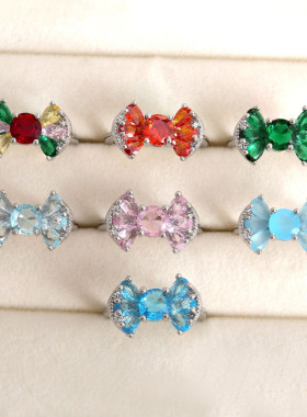 儿童女士彩色蝴蝶结水晶镶钻戒指