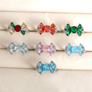 儿童戒指女彩色蝴蝶结水晶戒指多色宝石镶钻开口戒指时尚百搭饰品