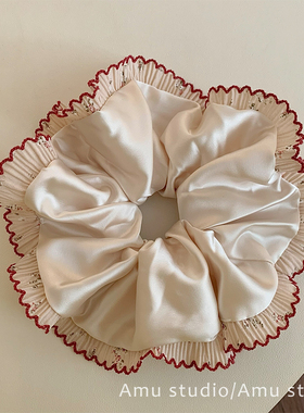 高级感缎面荷叶边加大号大肠发圈女韩系扎头发丸子头皮筋发绳头绳