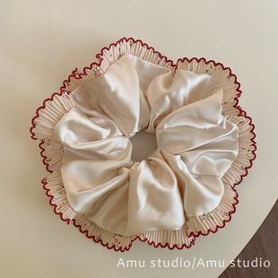 高级感缎面荷叶边加大号大肠发圈女韩系扎头发丸子头皮筋发绳头绳