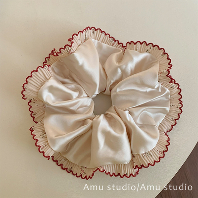 高级感缎面荷叶边加大号大肠发圈女韩系扎头发丸子头皮筋发绳头绳