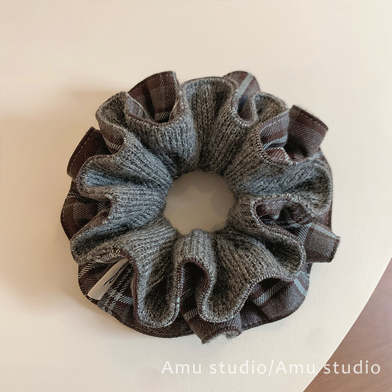韩系灰色针织格纹双面双层大肠发圈女扎头发丸子头发绳低马尾头绳
