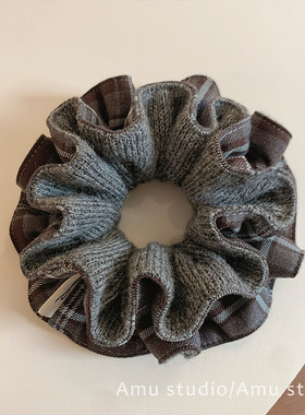 韩系灰色针织格纹双面双层大肠发圈女扎头发丸子头发绳低马尾头绳