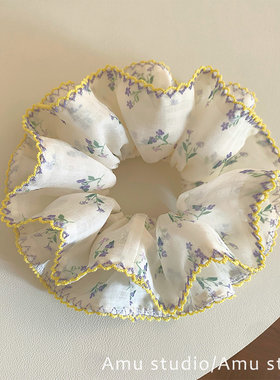 日系紫色小碎花双层布艺大肠发圈女黄色花边小众设计感扎马尾发绳