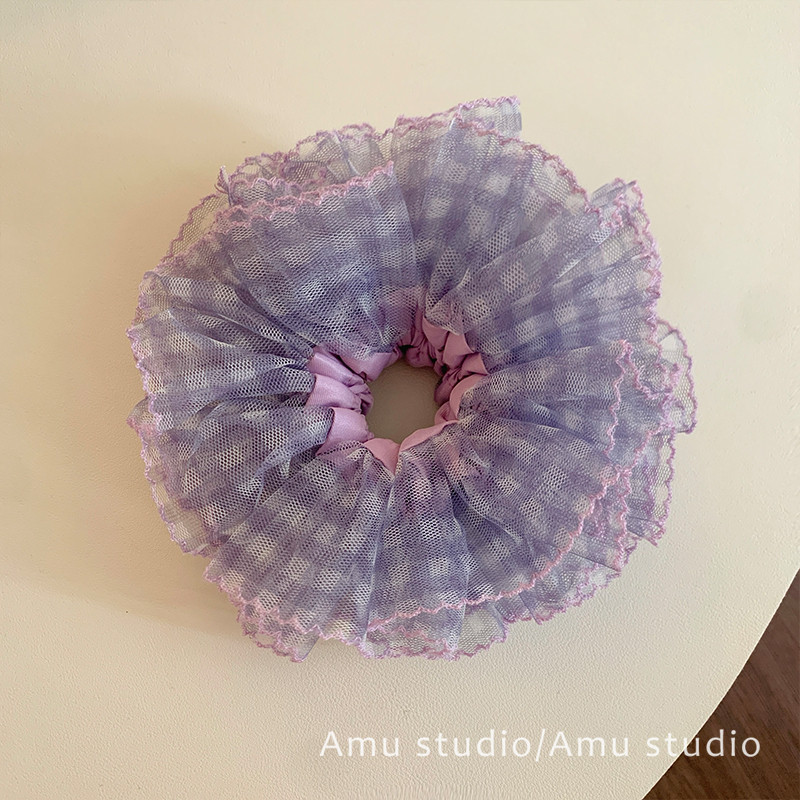 紫色网纱蕾丝格子双层大肠发圈女甜美扎头发丸子头发绳低马尾头绳,饰品/流行首饰/时尚饰品新,发饰,淘宝优惠券,粉丝福利购,淘宝优惠卷