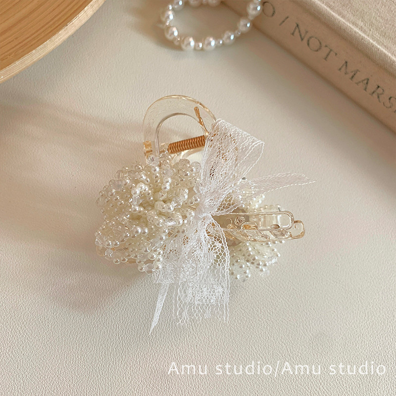 温柔水晶花朵丝带蝴蝶结抓夹女甜美后脑勺盘发鲨鱼夹半扎发发夹