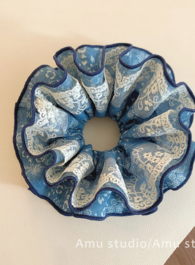 蓝色蕾丝布艺印花双层大肠发圈女气质扎头发丸子头发绳低马尾头绳