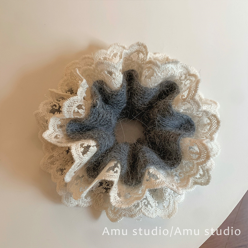 秋冬温暖毛线针织蕾丝花边双层大肠发圈少女甜美扎头发丸子头发绳