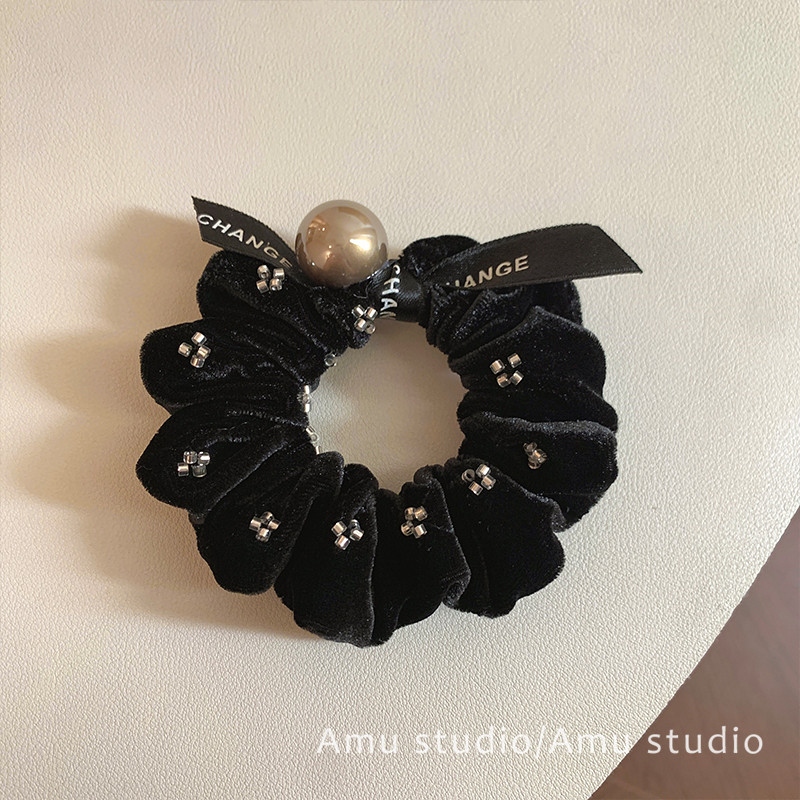 高级感黑色丝绒水钻珍珠大肠发圈女气质扎头发丸子头皮筋发绳头绳