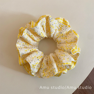 韩系黄色格子碎花双层大肠发圈女甜美扎头发丸子头发绳低马尾头绳