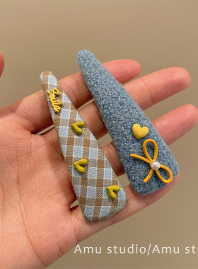 一对装~蓝色格纹蝴蝶结爱心发夹女甜美前额碎发BB夹侧边刘海边夹