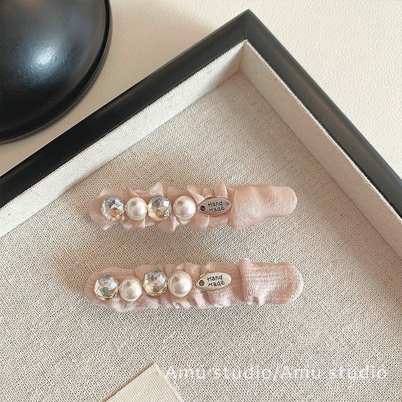 一对装~粉色水晶珍珠发夹女甜美前额碎发BB夹侧边刘海边夹一字夹