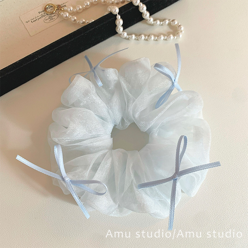 韩系甜美蓝色网纱丝带蝴蝶结大肠发圈女扎头发丸子头发绳头绳皮筋