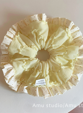 韩系温柔甜美奶黄色布艺褶皱花边大号大肠发圈女扎头发丸子头发绳
