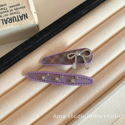 一对装~紫色格纹水钻星星发夹女甜美前额碎发BB夹侧边刘海夹边夹