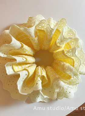 2026新款黄色格纹蕾丝双层大肠发圈女韩系扎头发丸子头低马尾发绳