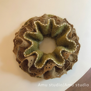 芥末绿毛线针织蕾丝花边双层大肠发圈女扎头发丸子头发绳头绳皮筋