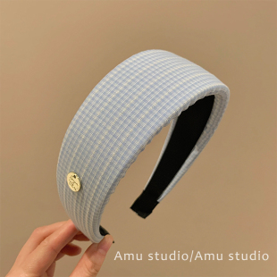韩国新款 蓝白格纹宽边发箍女韩系高颅顶压发头箍日常外戴发卡头饰
