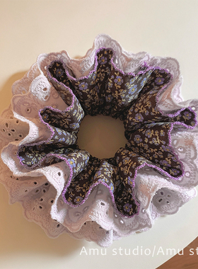 韩国新款紫色碎花蕾丝双层大肠发圈女森系扎头发丸子头低马尾发绳