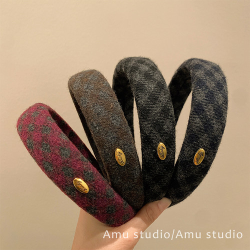 韩国秋冬毛呢格纹宽边发箍女2025新款高颅顶压发头箍日常外戴发卡