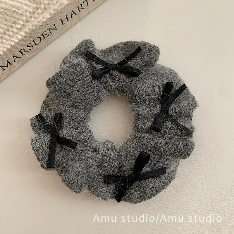 灰色兔毛针织优雅蝴蝶结大肠发圈女韩系低马尾发绳扎头发皮筋头绳