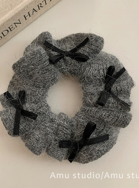 灰色兔毛针织优雅蝴蝶结大肠发圈女韩系低马尾发绳扎头发皮筋头绳