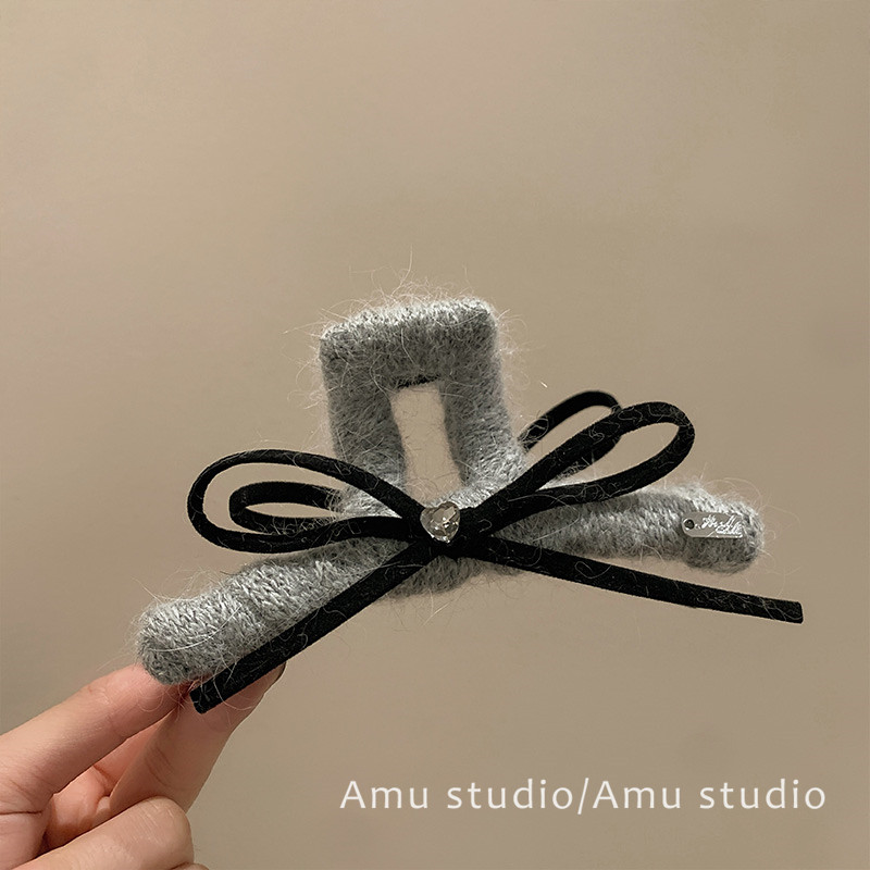 灰色羊毛针织毛线缠绕双面蝴蝶结大号抓夹女后脑勺盘发鲨鱼夹发夹
