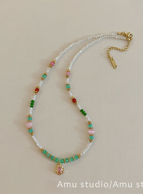 高级感轻奢小众天然石绿水晶串珠吊坠项链女款2025新款锁骨链颈链