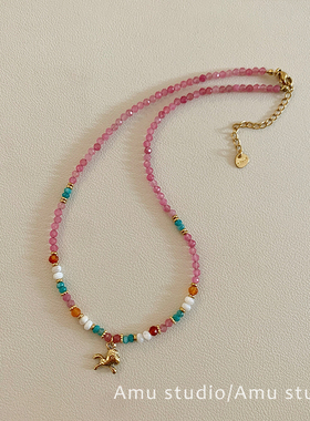 甜美粉色水晶串珠项链配饰女款2025新款高级感小众轻奢吊坠锁骨链