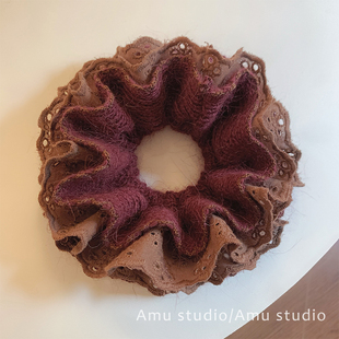 温暖酒红色毛线针织蕾丝花边双层大肠发圈女扎头发丸子头发绳头绳