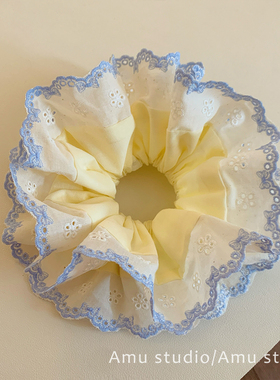 重工黄色蕾丝花边双层大肠发圈女扎头发丸子头发绳低马尾头绳皮筋