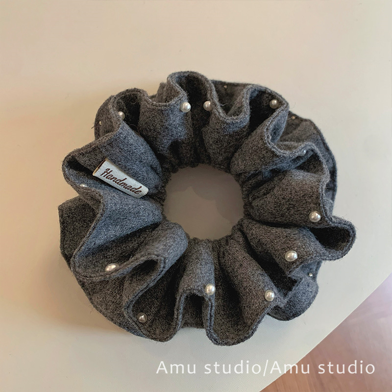 韩系灰色毛呢双层钉珍珠双层大肠发圈女扎头发丸子头发绳头绳皮筋