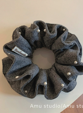 韩系灰色毛呢双层钉珍珠双层大肠发圈女扎头发丸子头发绳头绳皮筋