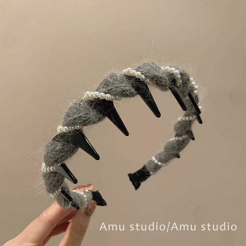 温柔灰色毛线珍珠缠绕带齿防滑发箍女甜美高颅顶头箍洗脸化妆发卡