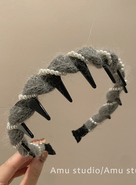 温柔灰色毛线珍珠缠绕带齿防滑发箍女甜美高颅顶头箍洗脸化妆发卡