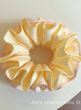 设计感双层黄色格纹布艺大肠发圈女甜美扎头发丸子头发绳头绳发饰